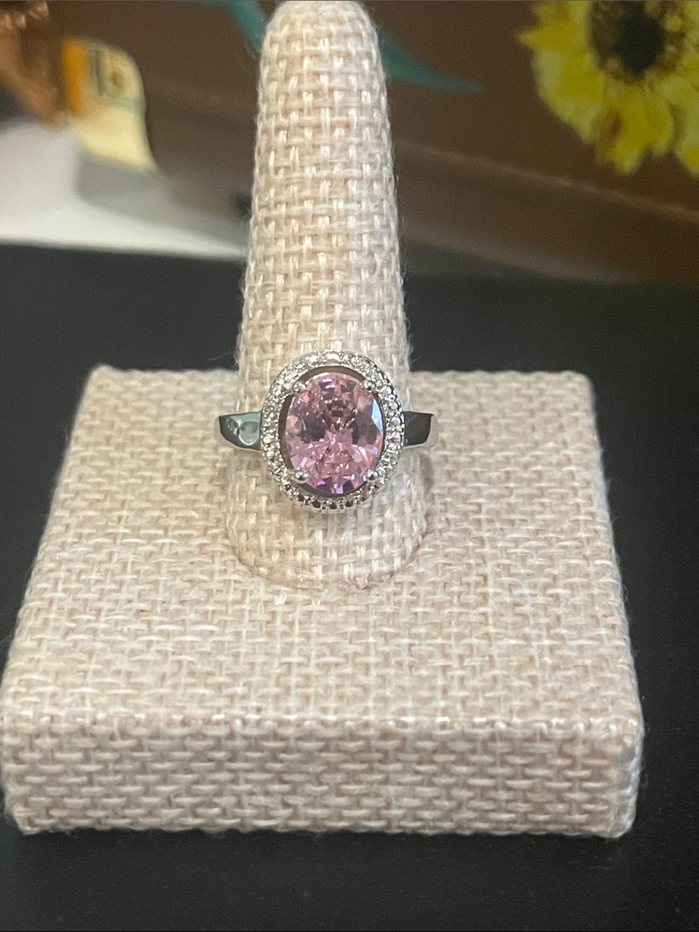Silver Halo Ring with Pink Oval Gemstone